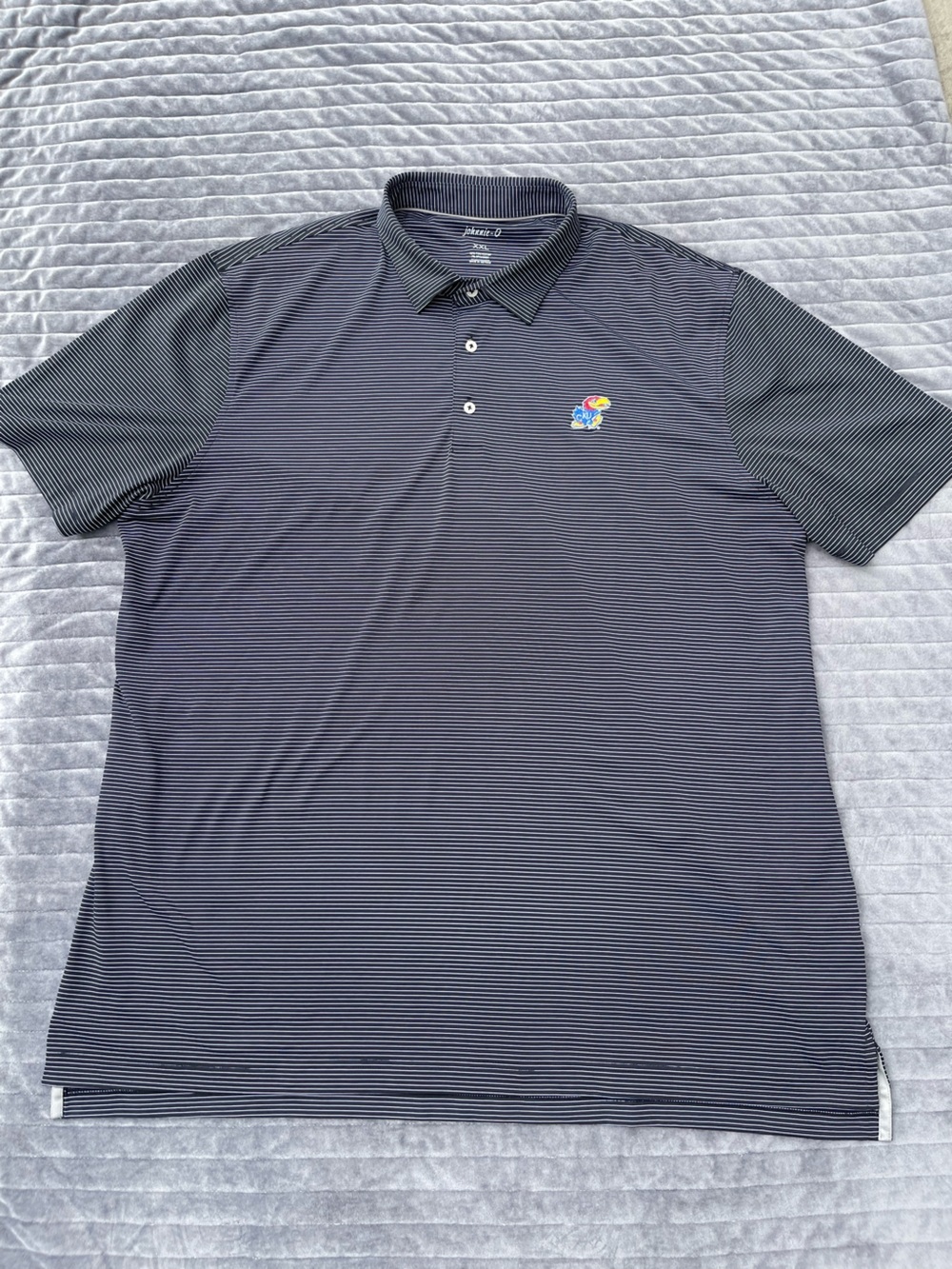 Johnnie-O Black White Stripe Performance Golf Kansas Jayhawks Polo Top XXL